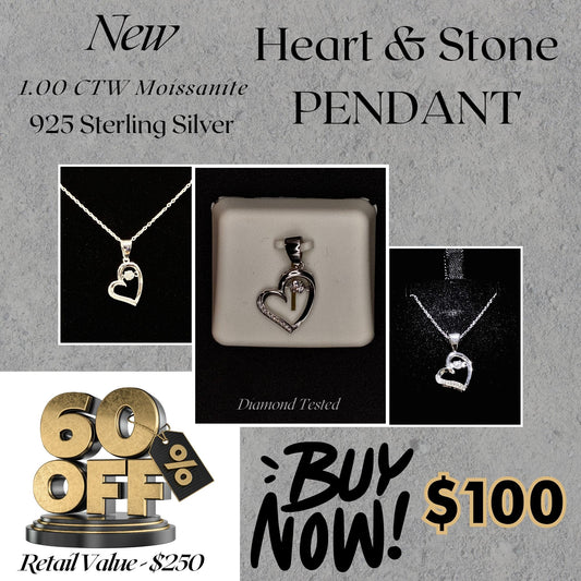 1.00 CTW Moissanite Heart & Dancing Stone Pendant – 925 Sterling Silver | Elegant Gift for Her