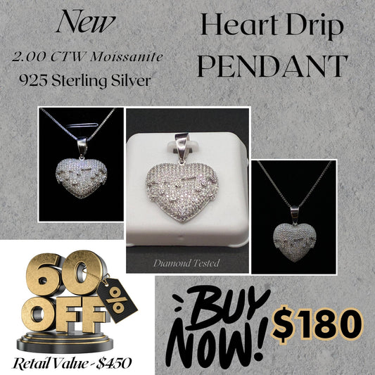 2.00 CTW Moissanite Heart Drip Pendant – 925 Sterling Silver | Luxury Love Statement Gift