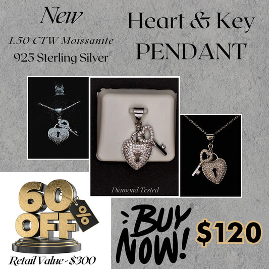 1.50 CTW Moissanite Heart & Key Pendant – 925 Sterling Silver | Romantic Gift for Her