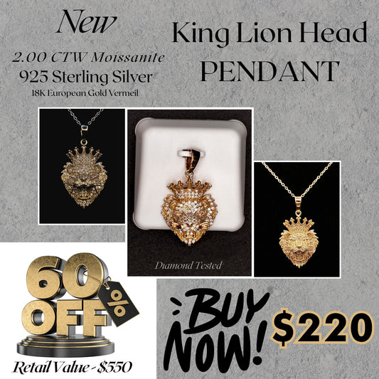 2.00 CTW Moissanite Lion Head Pendant – 925 Sterling Silver with 18K Gold Vermeil | Bold Men’s Statement Necklace