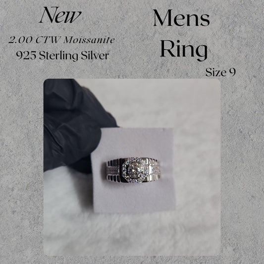 2.00 CTW Moissanite Men’s Ring Size 9 925 Sterling Silver Wedding Band Jewelry Gift