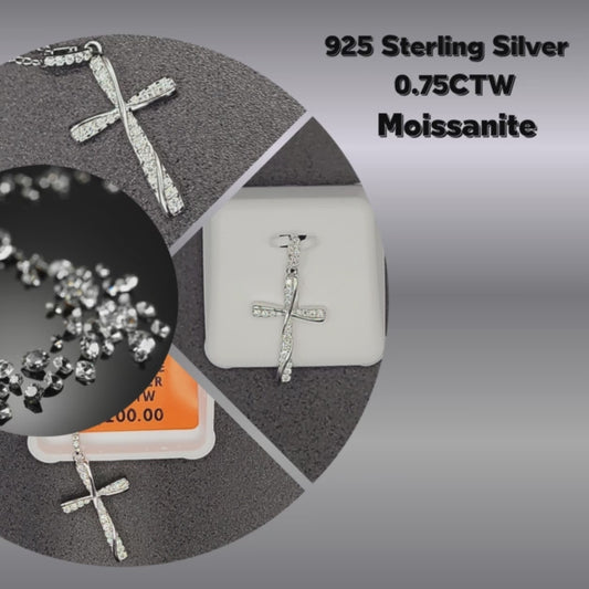 0.75 CTW Moissanite Cross Pendant in 925 Sterling Silver + Free Chain & LED Gift Box