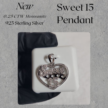 0.25 CTW Moissanite Sweet 15 Pendant 925 Sterling Silver Quinceañera Birthday